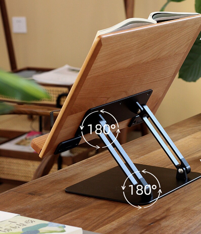 Wood Book Stand, Foldable Wooden Book Holder, Adjustable Book Tray