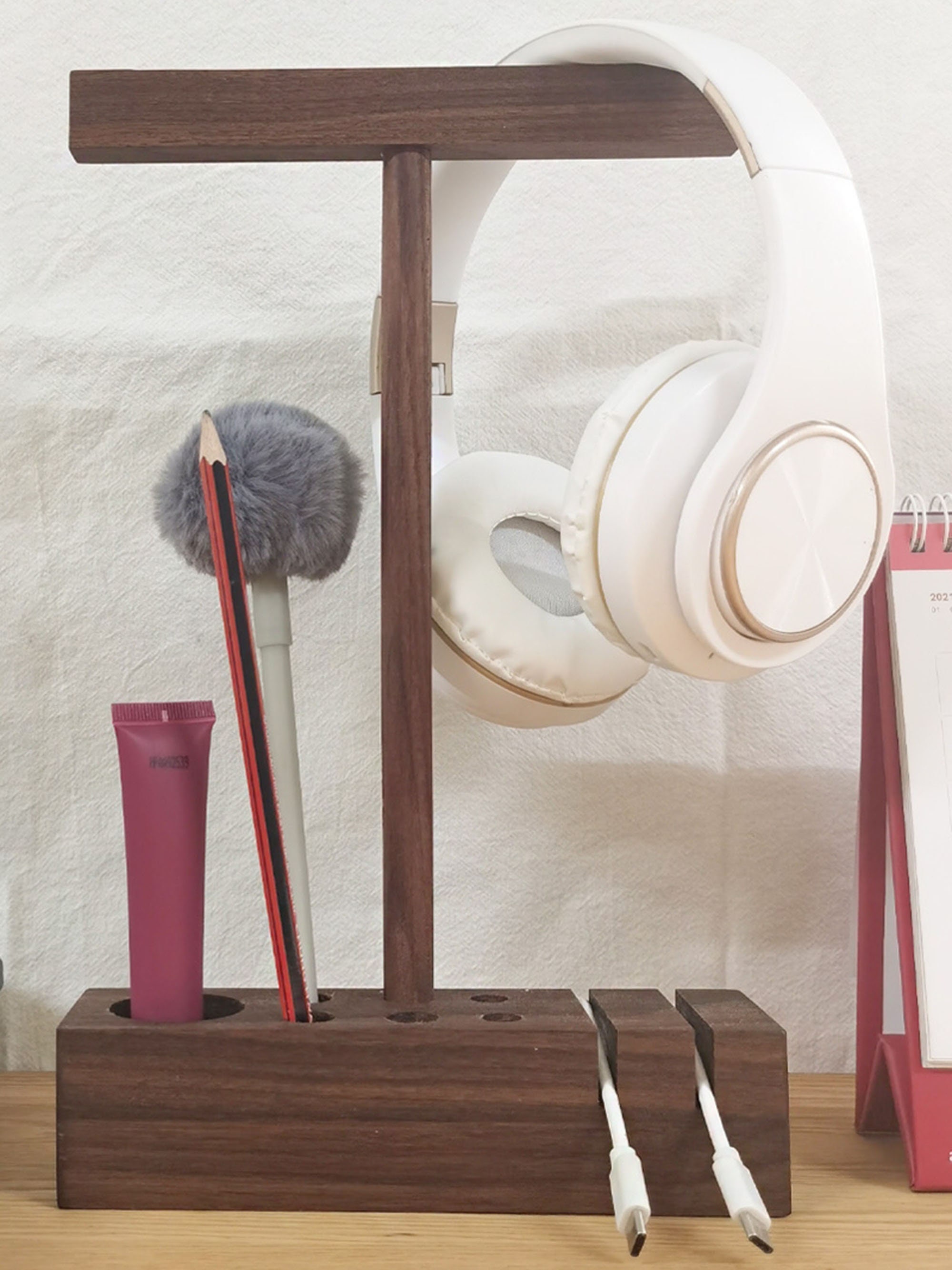 Walnut Headphone Stand, Minimalism Gaming Headset Holder, or Wooden