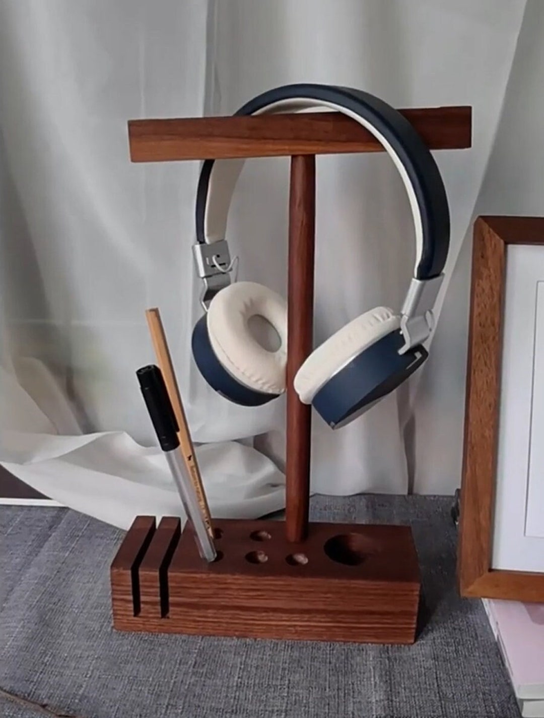 Walnut Headphone Stand, Minimalism Gaming Headset Holder, or Wooden