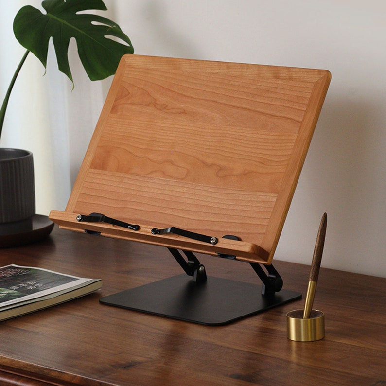 Wood Book Stand, Foldable Wooden Book Holder, Adjustable Book Tray