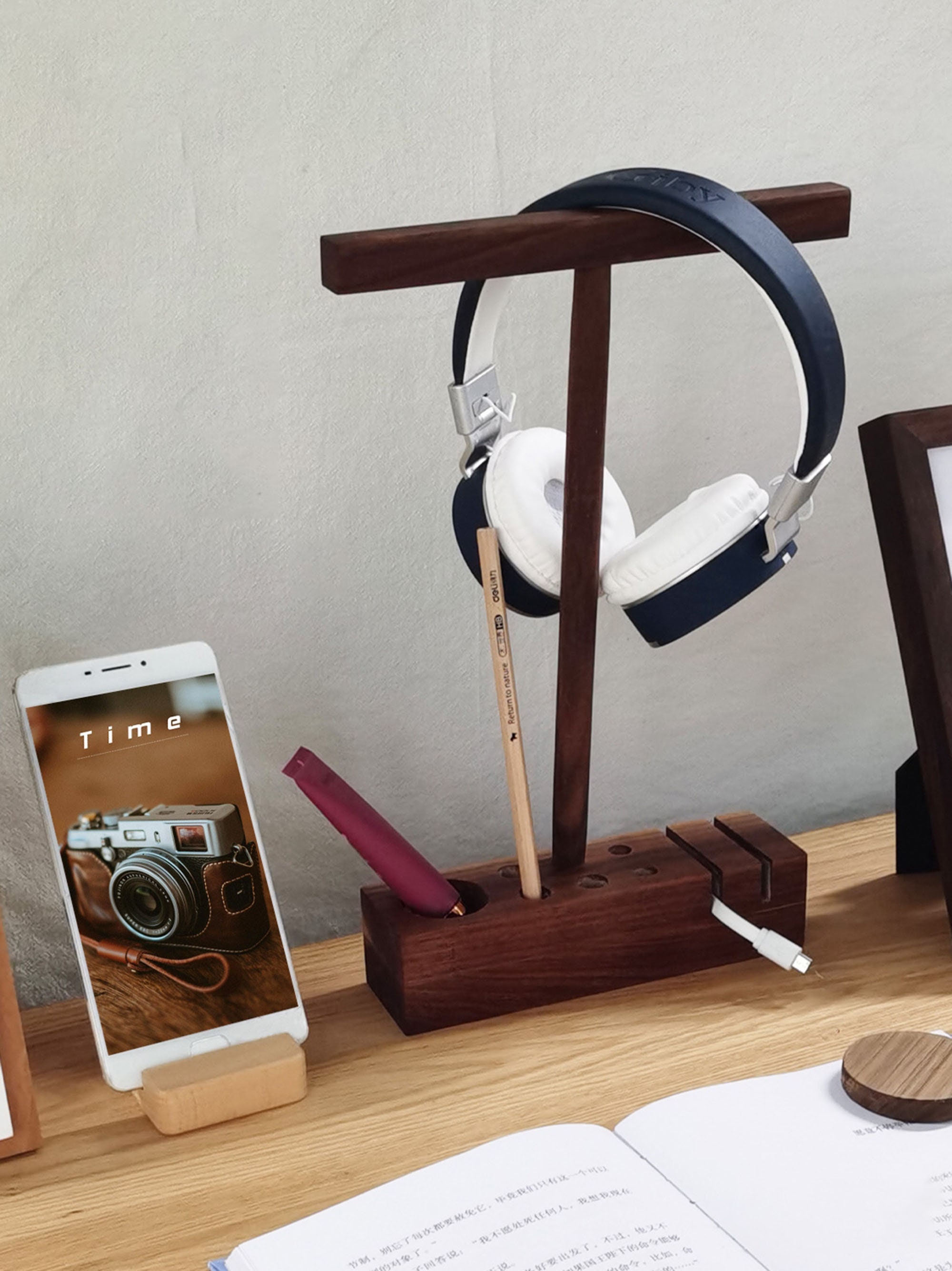 Walnut Headphone Stand, Minimalism Gaming Headset Holder, or Wooden
