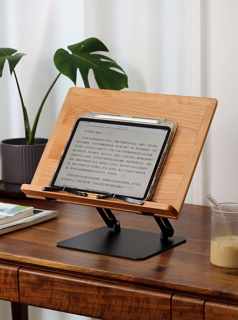Wood Book Stand, Foldable Wooden Book Holder, Adjustable Book Tray