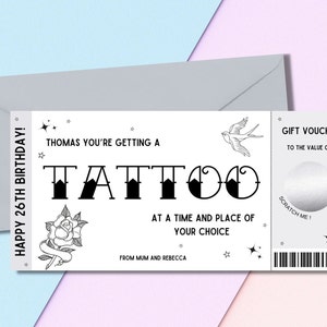 Tattoo Ticket Gift Certificate Personalised Coupon (Instant