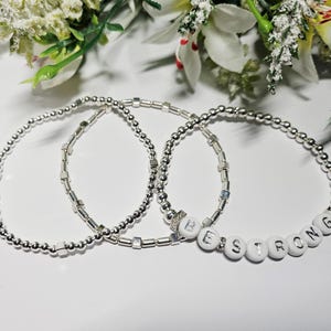 Conjunto de 3 pulseiras de prata personalizadas para usar juntas, incluindo nome ou frase. Joias de prata personalizadas para presentear.