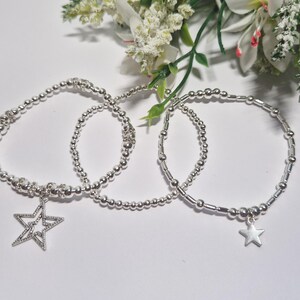 Silver Beads Stretch Stacking Bracelets Set Of 3 With Star Charms. Beaded Celestial Astronomy Star Gazers Boho Womens Girls Jewellery Gift