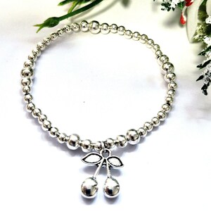 Silver Boho Style Beaded Stacking Bracelet With Cherry Charm. Nature Lover Pagan Wicca Jewellery Gift For Women Girls Outdoors Person
