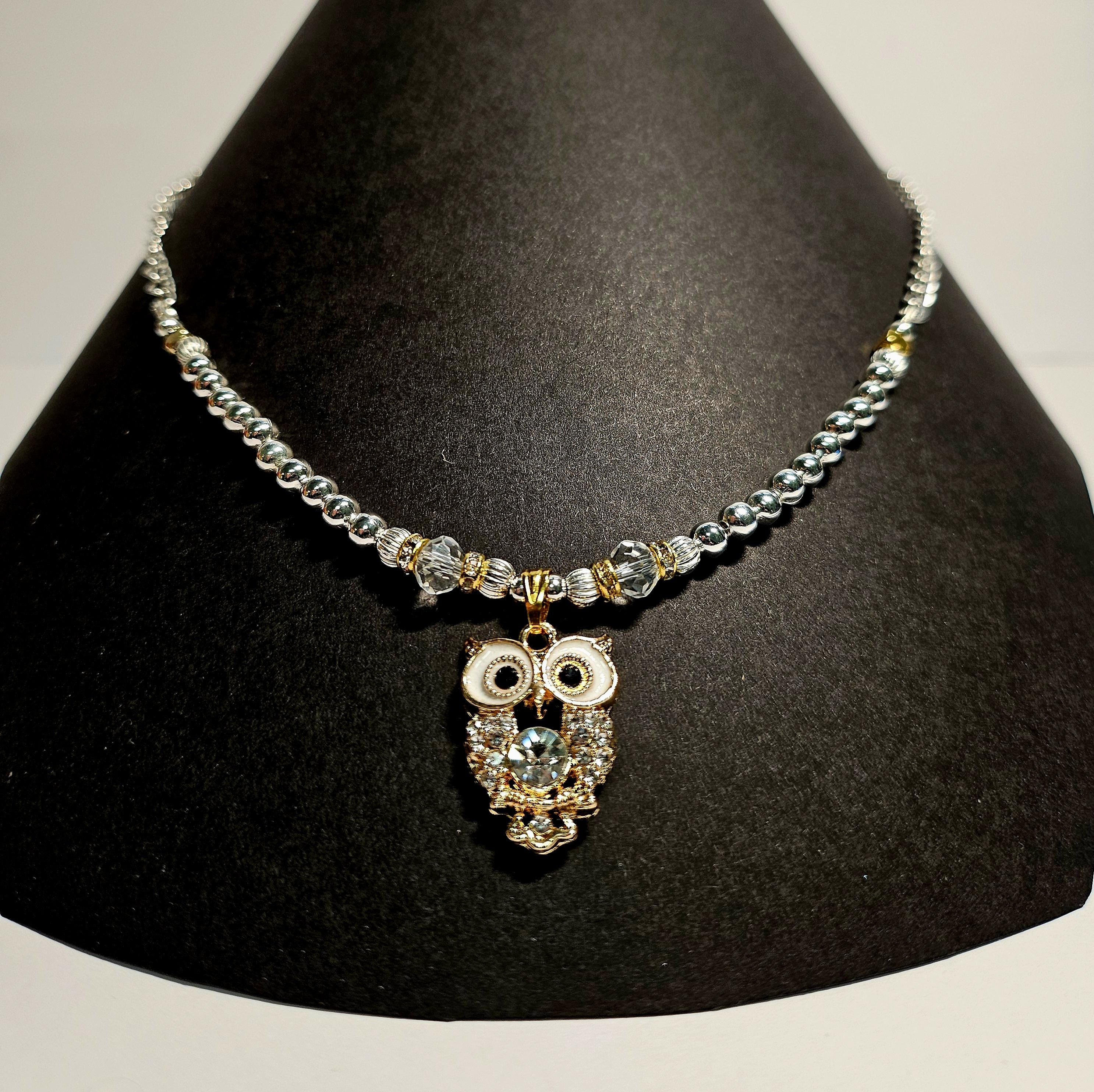 Sparkling Gold & Silver Beaded Owl Pendant Necklace And Chain. Handmade Bird Nature Wildlife Lov