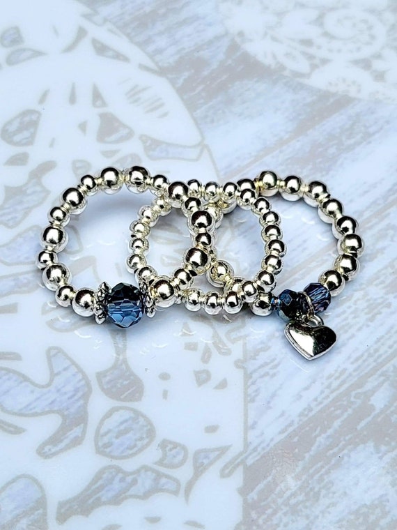 Silver Bead Stretch Stacking Rings. Set of 3. Including Heart - Etsy