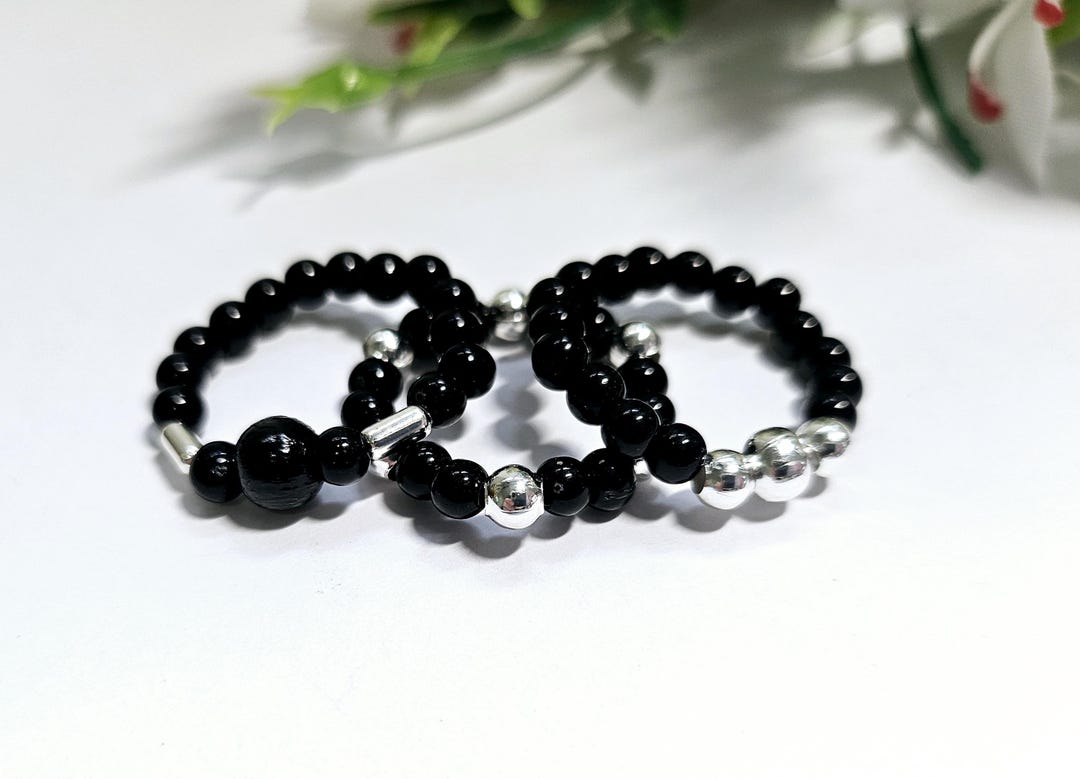 Black Beads Stretch Stacking Rings. Set of 3. Triple Set of Black Rings ...