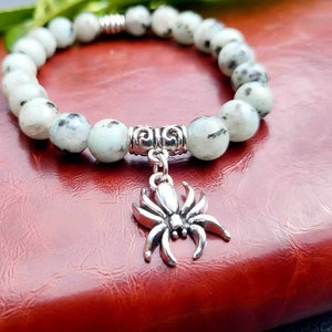 Kiwi Jasper Gemstone Stretch Bracelet With Spider Charm. Natural Stone Wicca Pagan Healing Unisex Bracelet Gift .