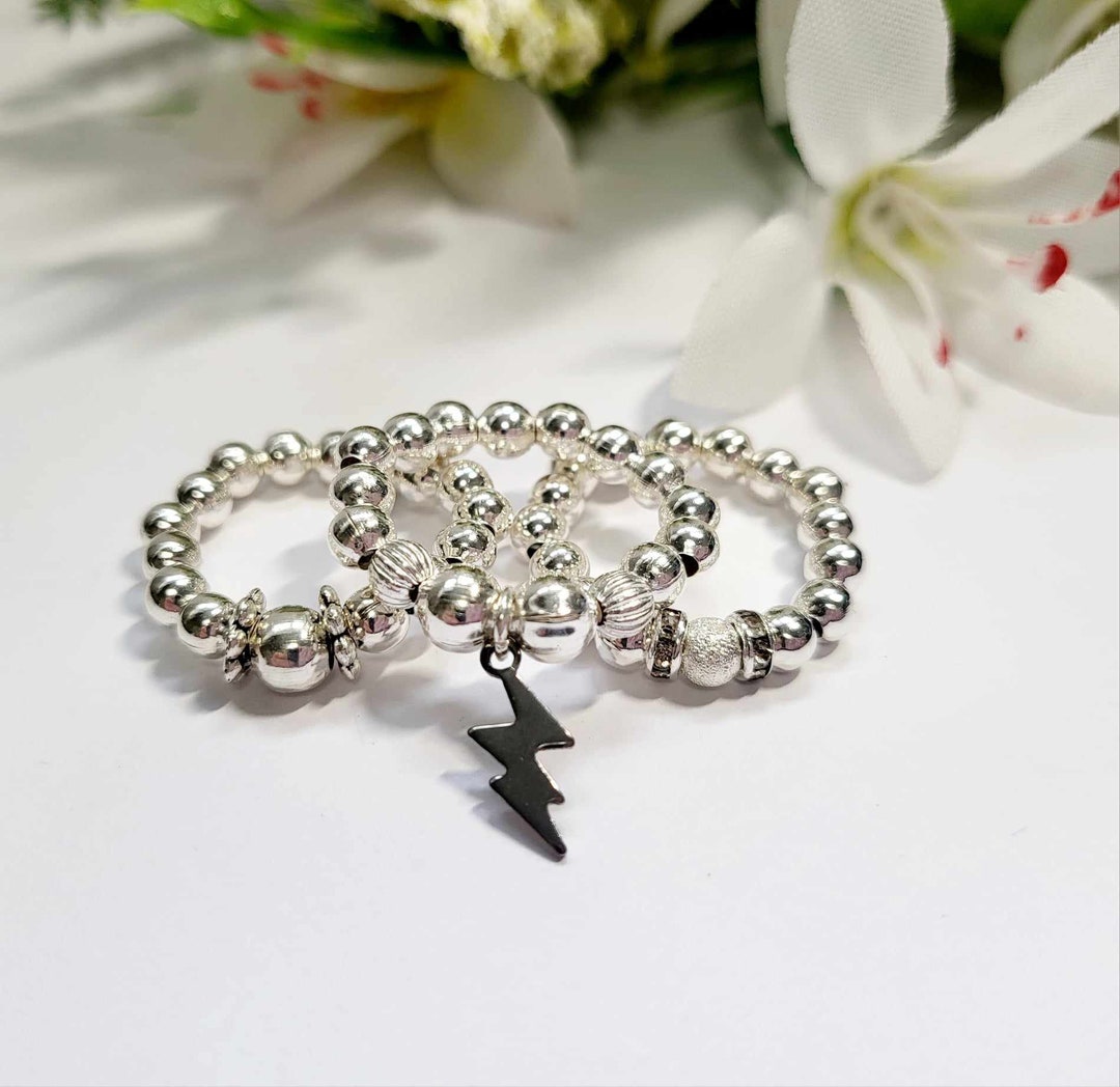 Beaded Silver Stretch Stacking Rings Set of 3 With Lightning Bolt Charm ...