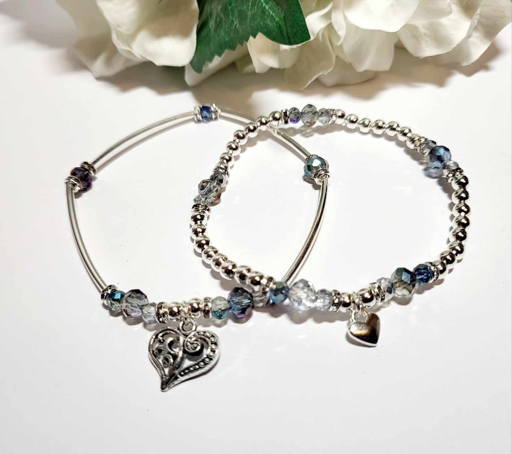 Sparkling Silver & Blue Beads Stretch Stacking Bracelet Set With Heart Charms. Bracelet gift set For Wife, Mum, Girlfriend, Daughter, Friend