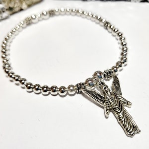 Silver Beaded Boho Style Stretch Bracelet With Guardian Angel Charm, Guardian Angel Bracelet, Angel Bracelet Gift.