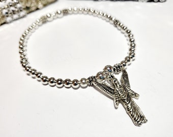 Silver Beaded Boho Style Stretch Bracelet With Guardian Angel Charm, Guardian Angel Bracelet, Angel Bracelet Gift.
