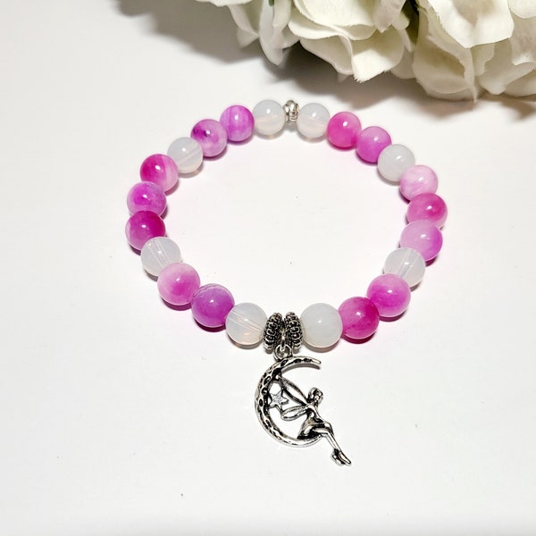 Fairy Gemstone Bracelet. Pink Jade & Opalite Crystal Stretch Bracelet. Wicca Pagan Natural Stone Healing Bracelet With Moon Fairy Charm.