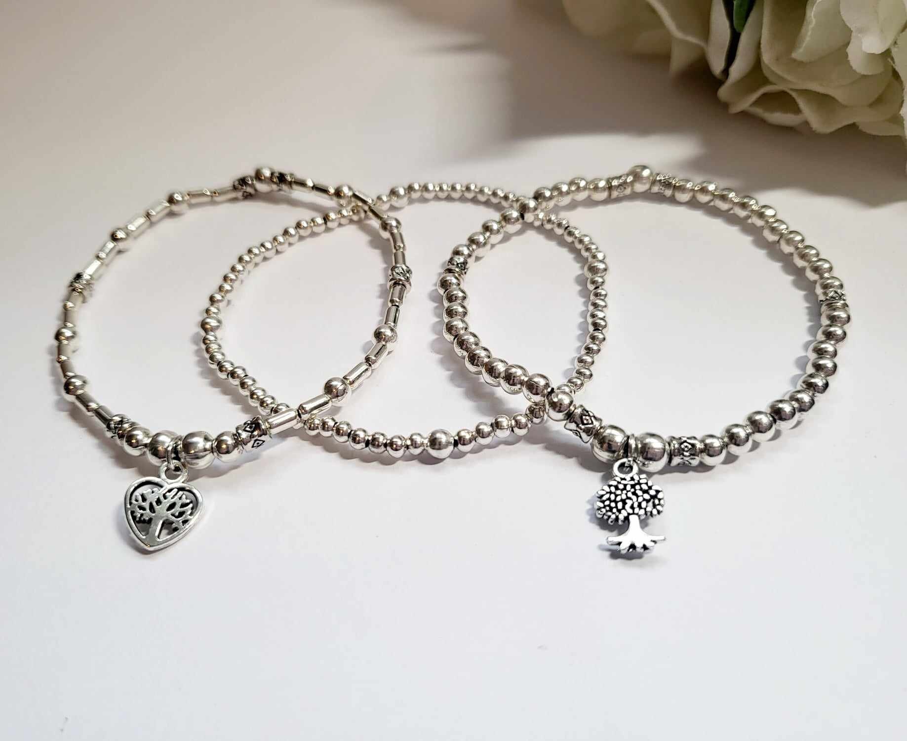 Set 4 Bracciali Elastici Boho Con Perline Di Legno E Albero Della Vita - Argento, Regalo Amicizia