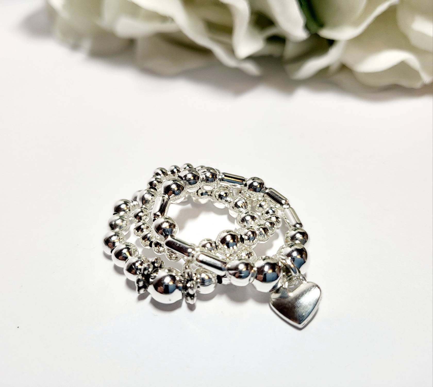 Beaded Silver Stretch Stacking Rings Set of 3 With Heart Charm. Boho ...