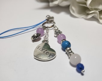 Clipe para bolsa irmã, pingente de telefone, chaveiro. Presente para irmã. Chaveiro de pedras preciosas. Chaveiro com charme de coração irmã. Presente de pedra preciosa de cura para irmã.