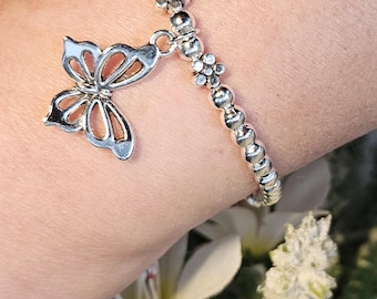 Silver Beaded Butterfly Charm Bracelet. Womens Boho Stacking Jewellery Gift For Outdoor Wildlife Nature Insect Lover.