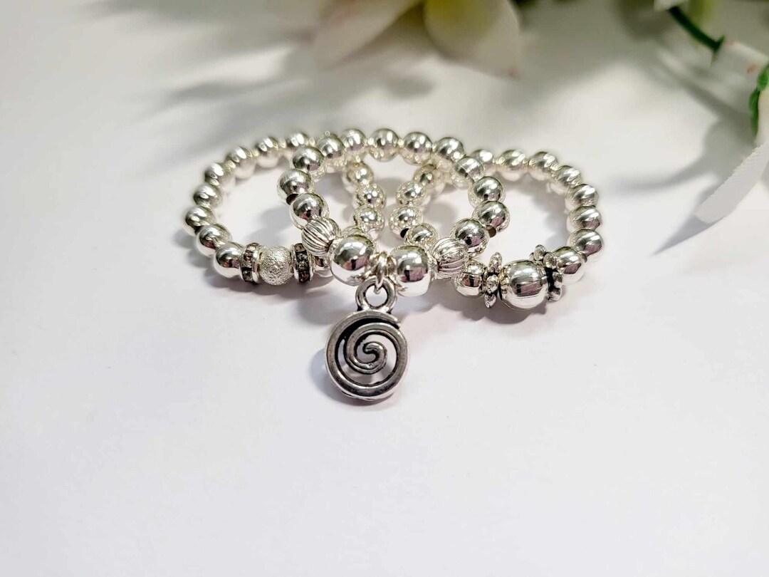 Beaded Silver Stretch Stacking Rings Set of 3 With Celtic Swirl Charm ...