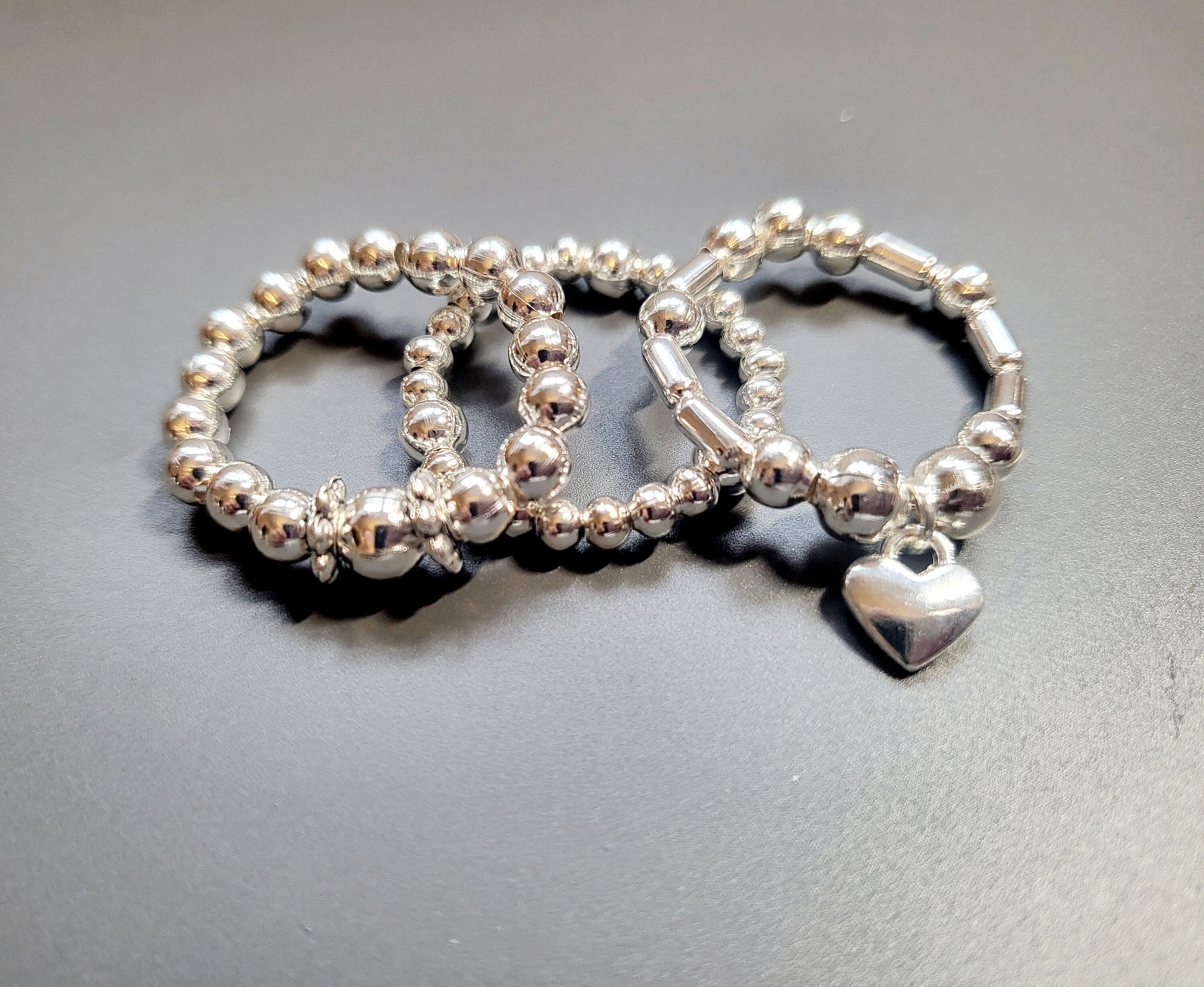 Beaded Silver Stretch Stacking Rings Set of 3 With Heart Charm. Boho ...