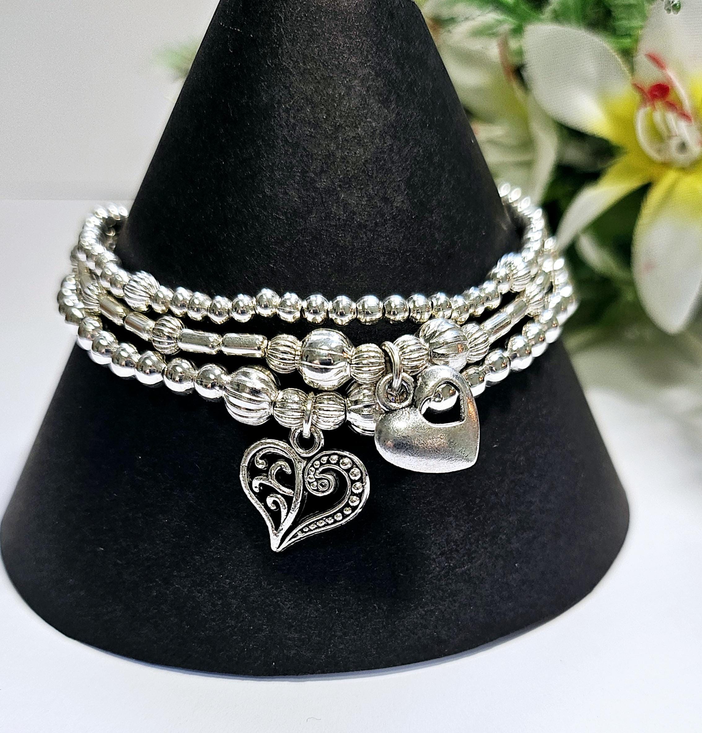 Heart Silver Beads Stretch Stacking Bracelets With Charms. Boho Style Bracelet Set of 3. Hearts Jewellery Gift For Wife Girlfriend Friend