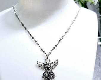 Collar y colgante de cadena de plata antigua con ángel de la guarda, regalo de joyería espiritual unisex para hombres y mujeres.