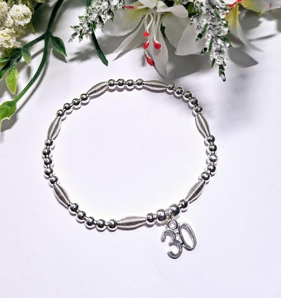 Silver 30th Birthday Charm Beaded Stacking Boho