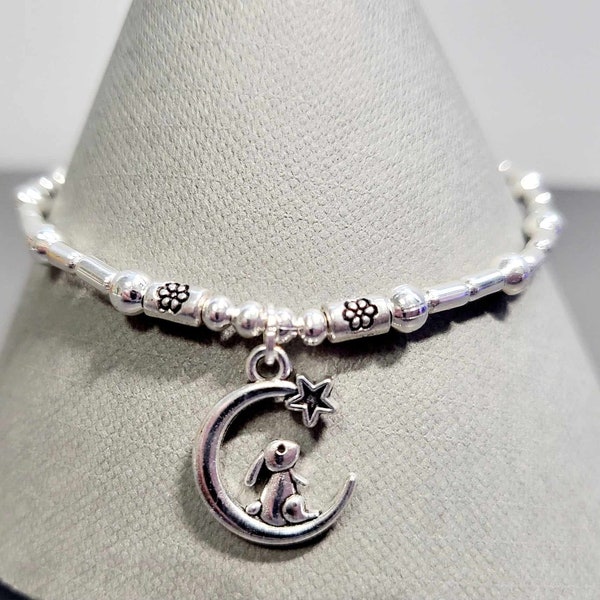 Boho Style Silver Beaded Stretch Stacking Bracelet with Bunny Rabbit In Moon Charm. Easter Ostara Jewellery Gift For Rabbit Animal Lover.