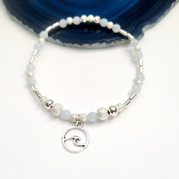 Blue Aquamarine & Silver Beaded Bracelet With Ocean Wave Charm. Boho Beach Sea Inspired Stretch Stacking Gemstone Crystal Jewellery Gift