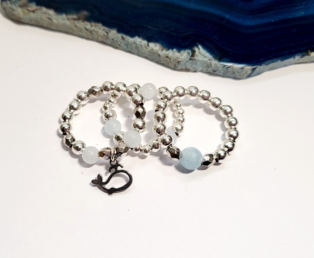 Silver Beads & Aquamarine Stretch Stacking Rings Set With Cute Whale ...
