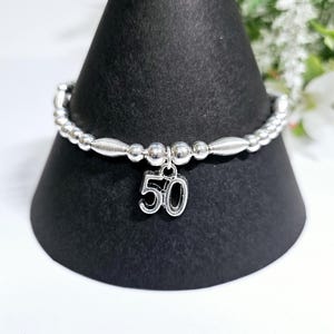 Silver 50th Birthday Charm Bracelet. Beaded Stacking Boho Jewellery Present Gift For Her. For Mum Daughter Friend Girlfriend Sister Niece
