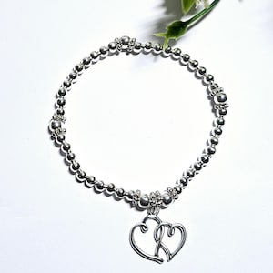 Handmade Silver Beads Stretch Stacking Bracelet With Heart Charm. Valentines Jewellery Gift For Mum Friend Girlfriend Wife Fiancee Daughter
