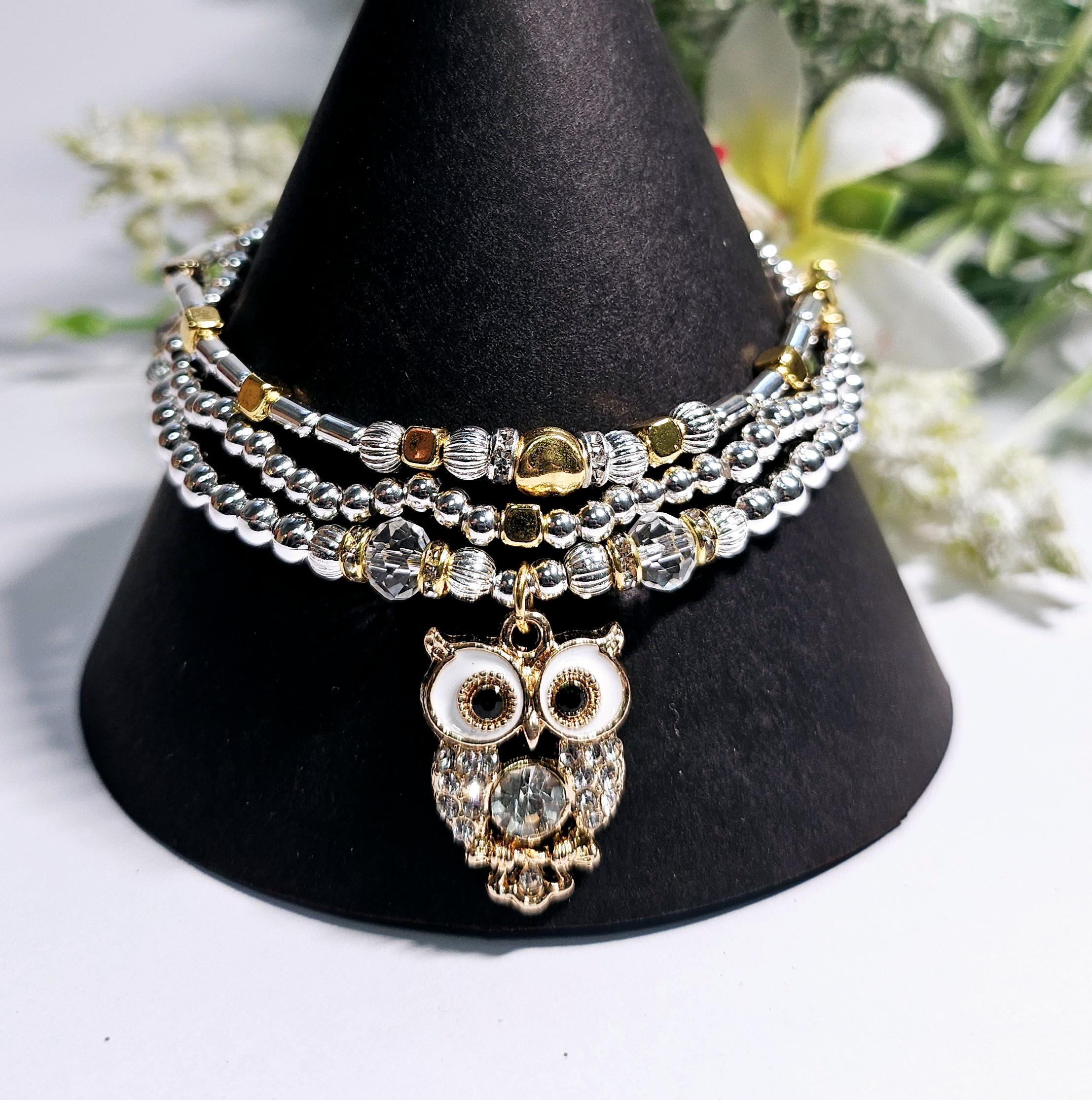 Sparkling Owl Stacking Bracelets Set With Silver & Gold Beads Including Charm. Bird Nature Conse