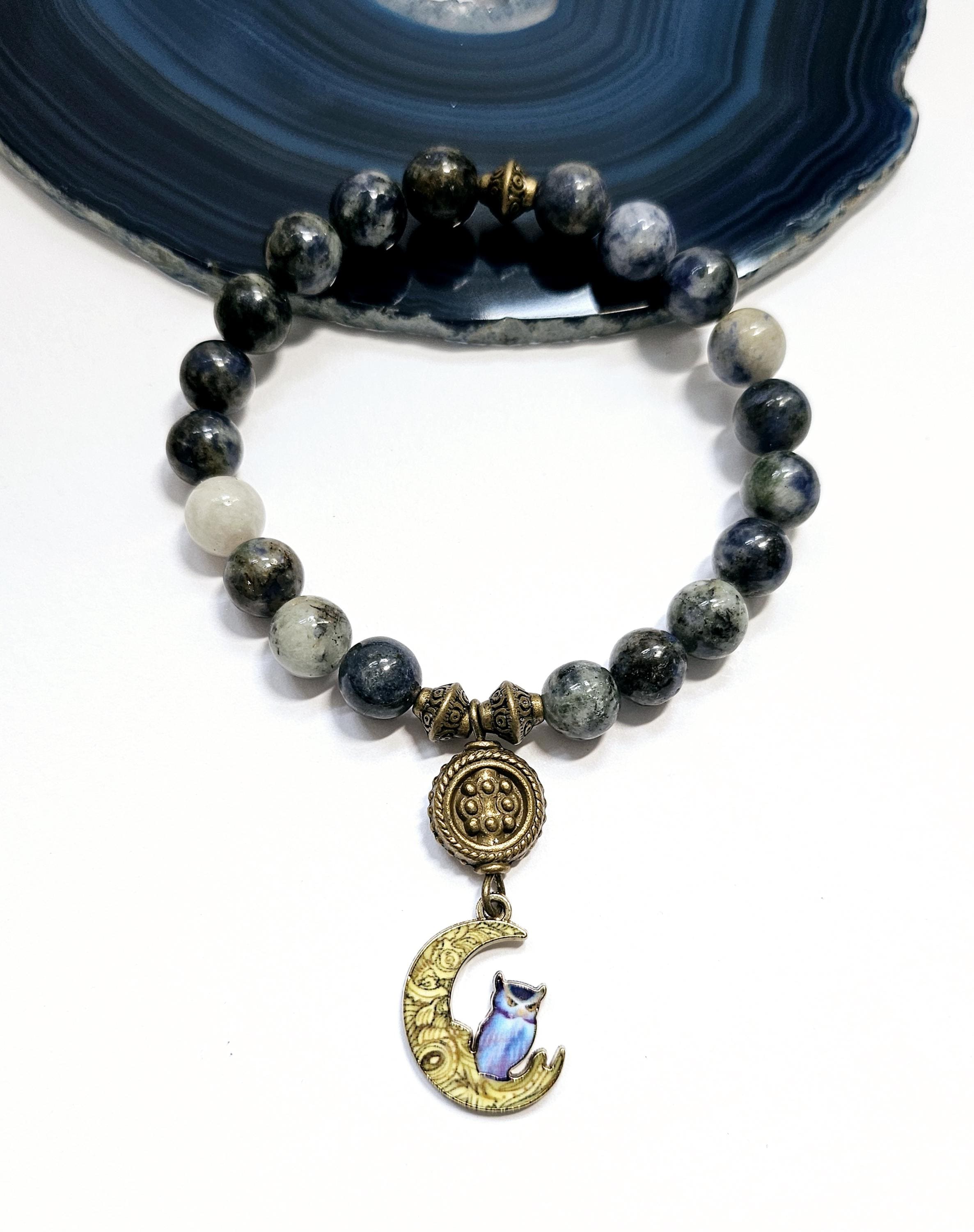Blue Sodalite Gemstone Crystal Healing Bracelet With Owl In Moon Dangle Charm. Wisdom Pagan Spiritua