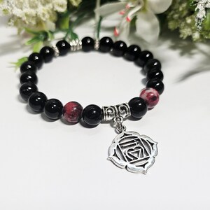 Chakra Gemstone Healing Bracelet With Root Chakra Charm. Spiritual Grounding 8mm Obsidian Red Black Crystal Jewellery Gift For Anxiety Fear