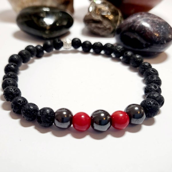 Mens Bracelet Black Lava Stone & Red Coral Diffuser Bracelet. Mens Fathers Day Gift For Dad. Unisex Black Red Gemstone Healing Bracelet.