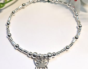 Silver Beaded Butterfly Charm Bracelet. Womens Boho Stacking Jewellery Gift For Outdoor Wildlife Nature Insect Lover.