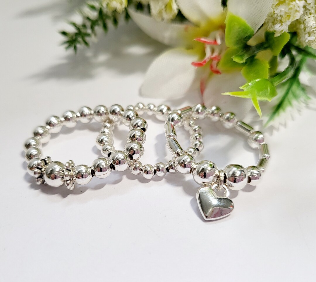 Beaded Silver Stretch Stacking Rings Set of 3 With Heart Charm. Boho ...