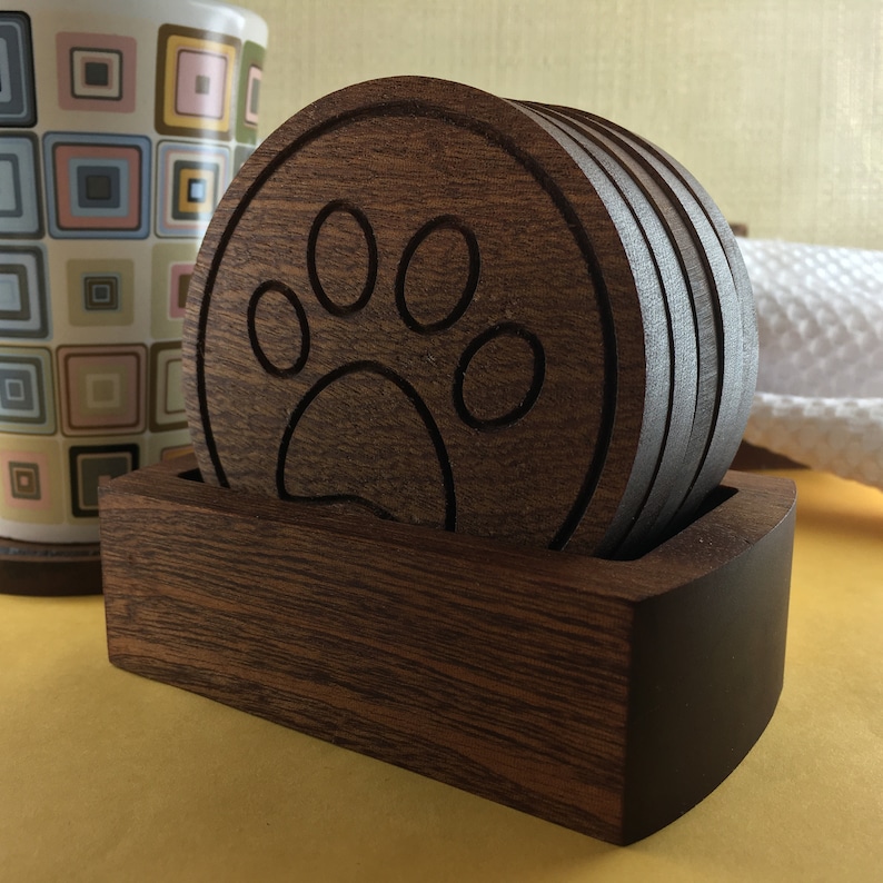 Handmade Paw Print Coaster Set  Real Mahogany Wood Cat Dog image 1