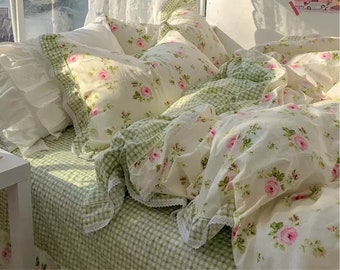 Fresh Rose Green Plaid 100% Cotton Duvet Cover Set, Vintage Floral Bedding, Princess Ruffle Duvet Cover, Cottagecore Decor,Full Queen King