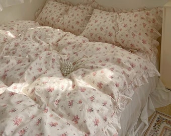 Gentle Pink Floral 100% Cotton Duvet Cover Set,Princess Lace Ruffle Duvet Cover,Cottagecore Decor,Twin Full Queen Duvet Cover,Floral Bedding