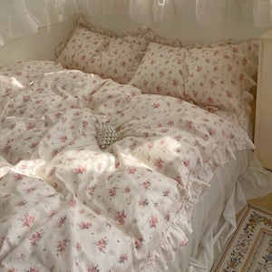 Gentle Pink Floral 100% Cotton Duvet Cover Set,Princess Lace Ruffle Duvet Cover,Cottagecore Decor,Twin Full Queen Duvet Cover,Floral Bedding