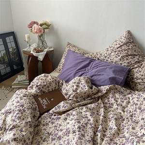 Fresh Elegant Purple Floral 100% Cotton Duvet Cover Set,Floral Bedding,Cottagecore Decor, Twin Full Queen King Duvet Cover,Aesthetic Bedding