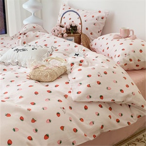 Cute Girlish Strawberry 100% Cotton Duvet Cover Set, Girlish Dorm Bedding, Cottagecore Decor, Twin Full Queen Duvet Cover, Aesthetic Bedding