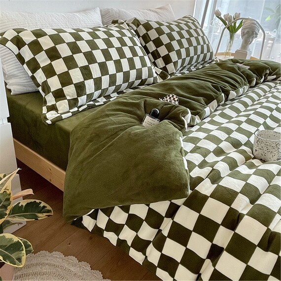Plaid Checkerboard Velvet Duvet Cover Set Minimalist Bedding Set
