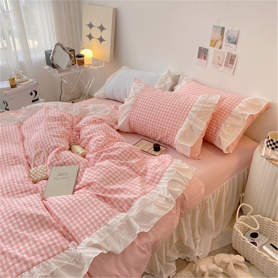 Korean Ins Cute Bedding Set Ruffle Pillowcase Cotton Flat Bed Sheets Queen  Size Simple Girl Princess