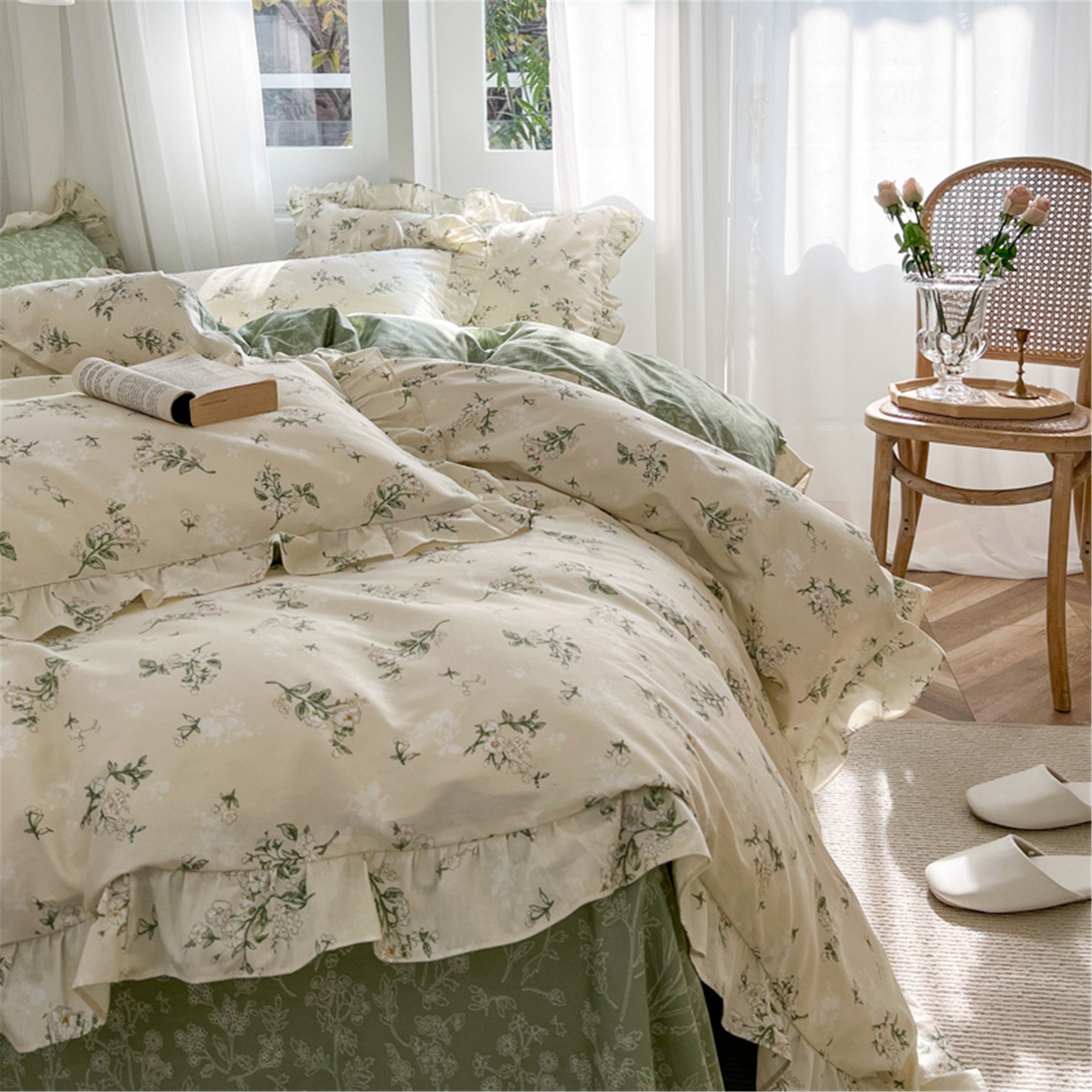 Green Floral 100 Cotton Duvet Cover Setprincess Ruffle Style Etsy Canada
