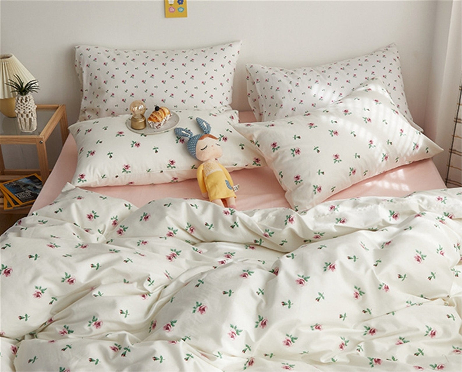 4 PC Floral White Pink Cotton Duvet Set Cute Duvet Cover Set Etsy