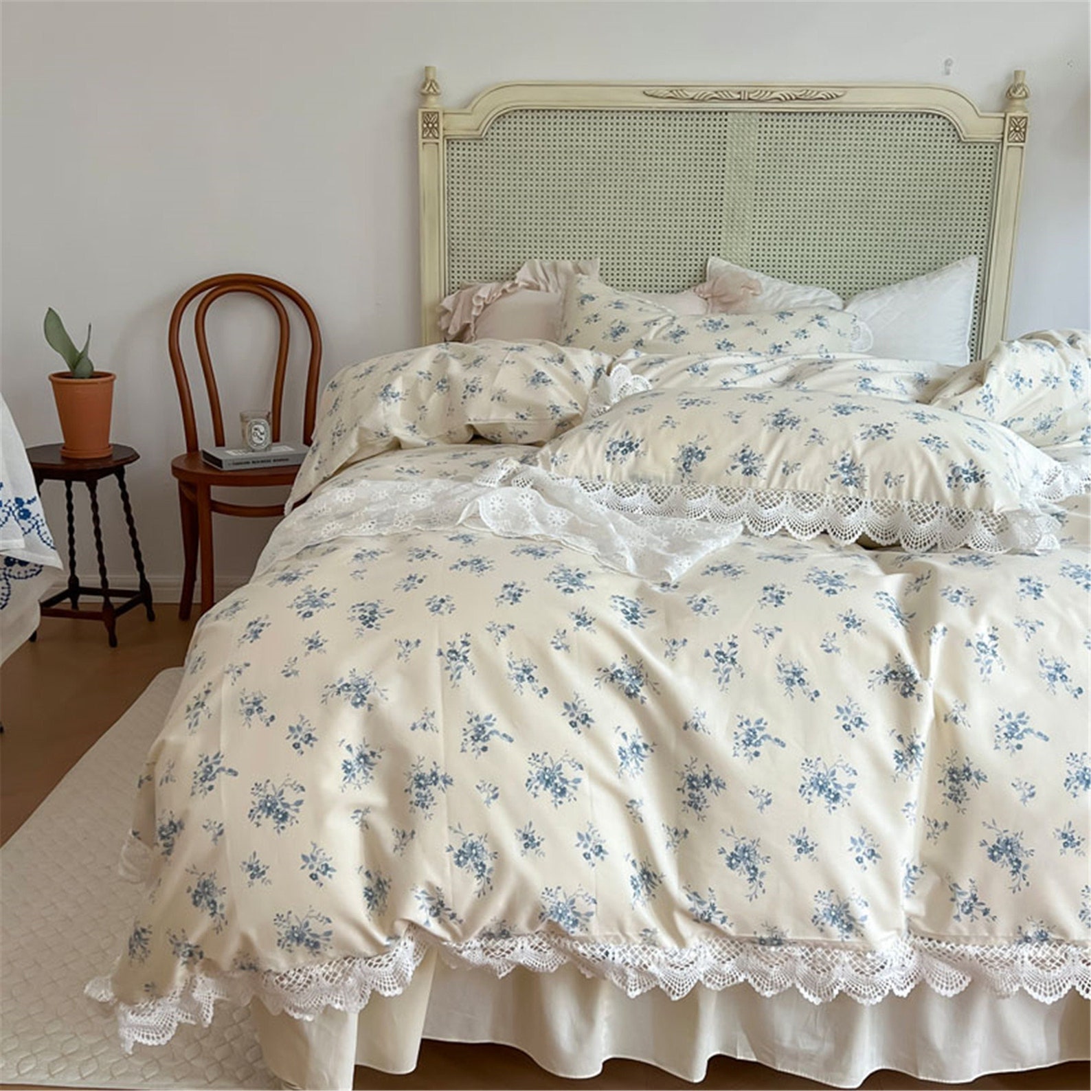 Blue Floral 100 Cotton Lace Ruffle Duvet Cover Set Princess Etsy
